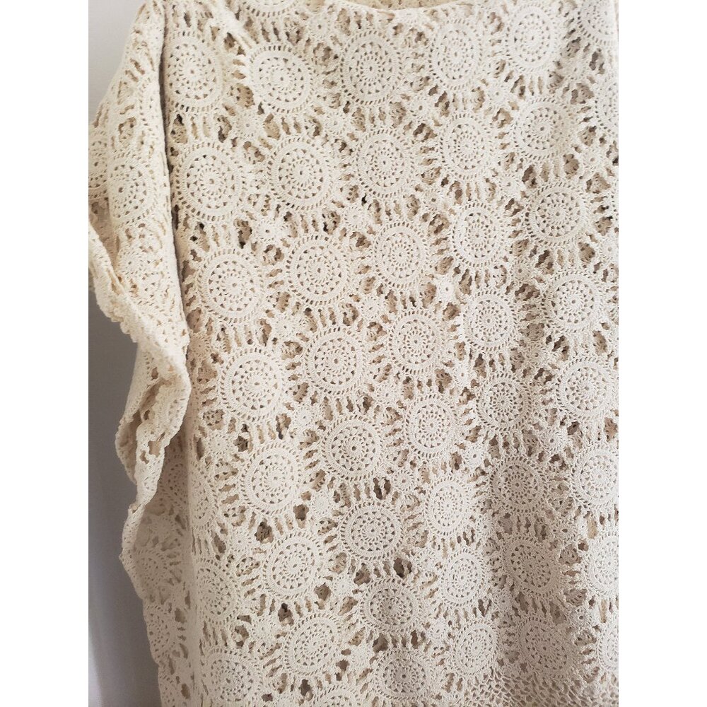 Italian Cotton Hand Made Tan Crochet Table Cloth 63 x 84 Inches